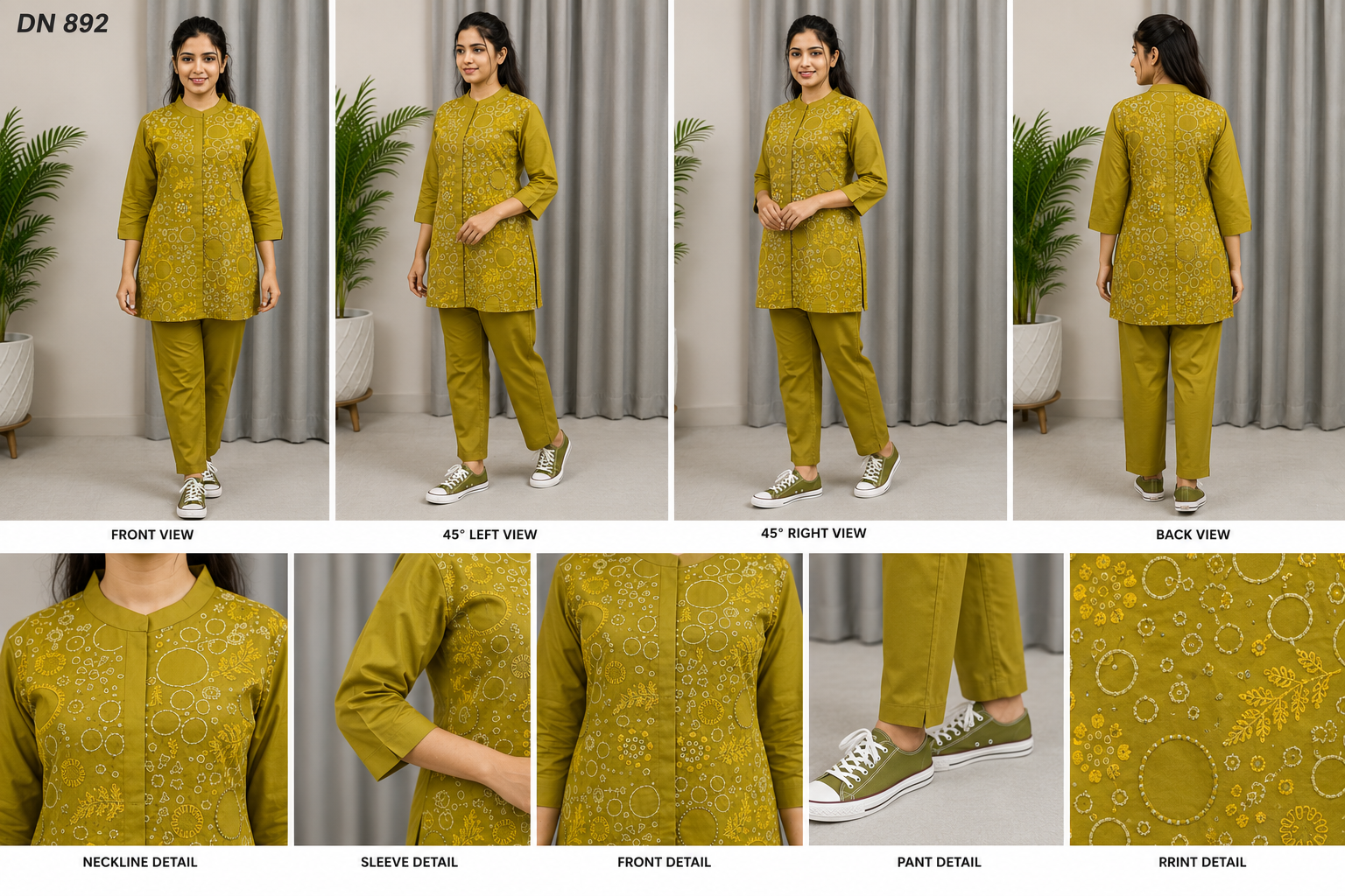 Premium Olive Mustard Printed Co-Ord Kurta Pant Set for Women - Image 2
