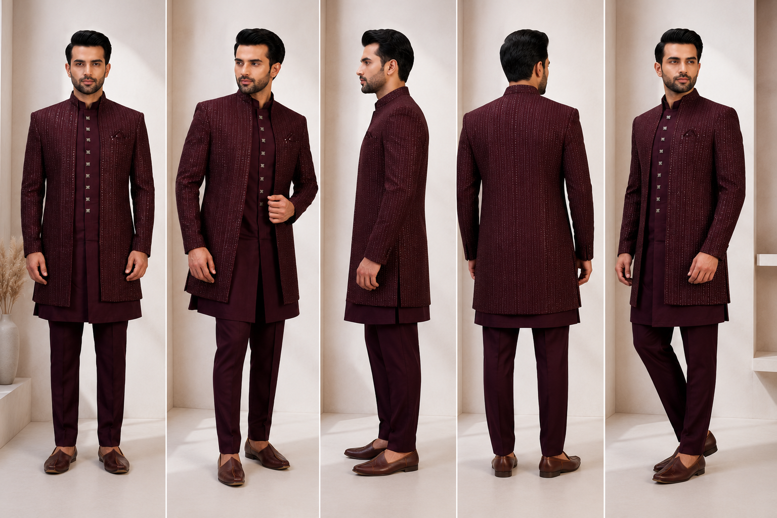 Ajmera Men's Maroon Embroidered Indo-Western Sherwani Set - Image 2