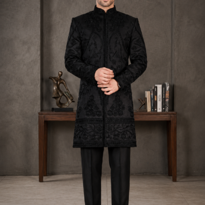 Ajmera Men's Black Embroidered Indo-Western Sherwani Set