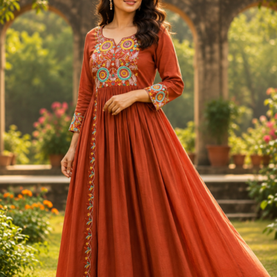 Premium Rust Orange Embroidered Anarkali Gown for Women