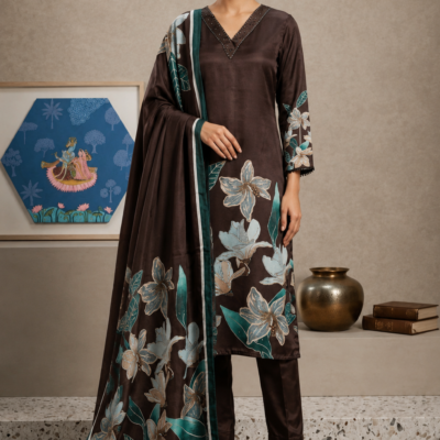 Premium Brown Floral Printed Kurta Pant Set with Designer Dupatta