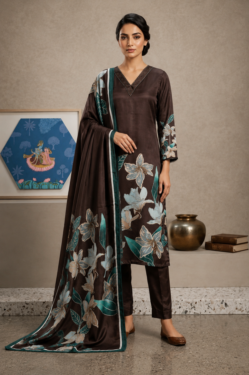 Premium Brown Floral Printed Kurta Pant Set with Designer Dupatta