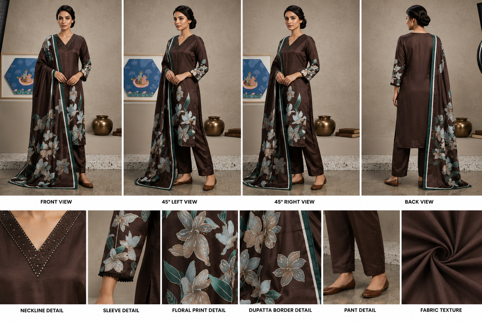 Premium Brown Floral Printed Kurta Pant Set with Designer Dupatta - Image 2