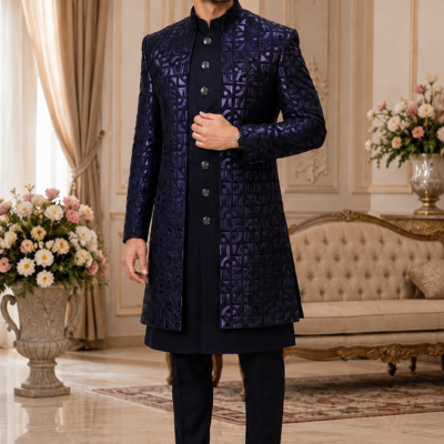 Ajmera Men's Navy Blue Jacquard Indo-Western Sherwani Set
