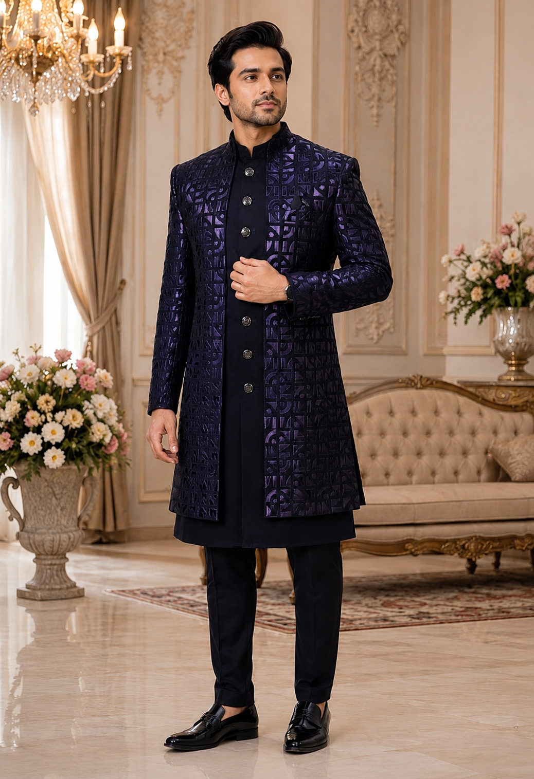 Ajmera Men’s Navy Blue Jacquard Indo-Western Sherwani Set, Navy Blue Indo Western Sherwani