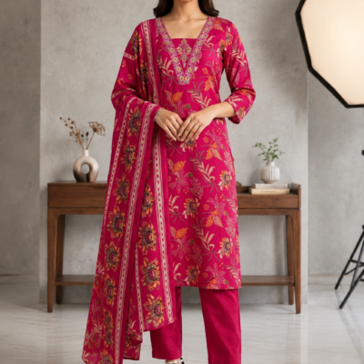 Premium Magenta Floral Printed Kurta Pant Set with Designer Dupatta