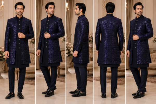 ChatGPT Image Jul 30, 2026, 09_25_16 PM Ajmera Men's Navy Blue Jacquard Indo-Western Sherwani Set