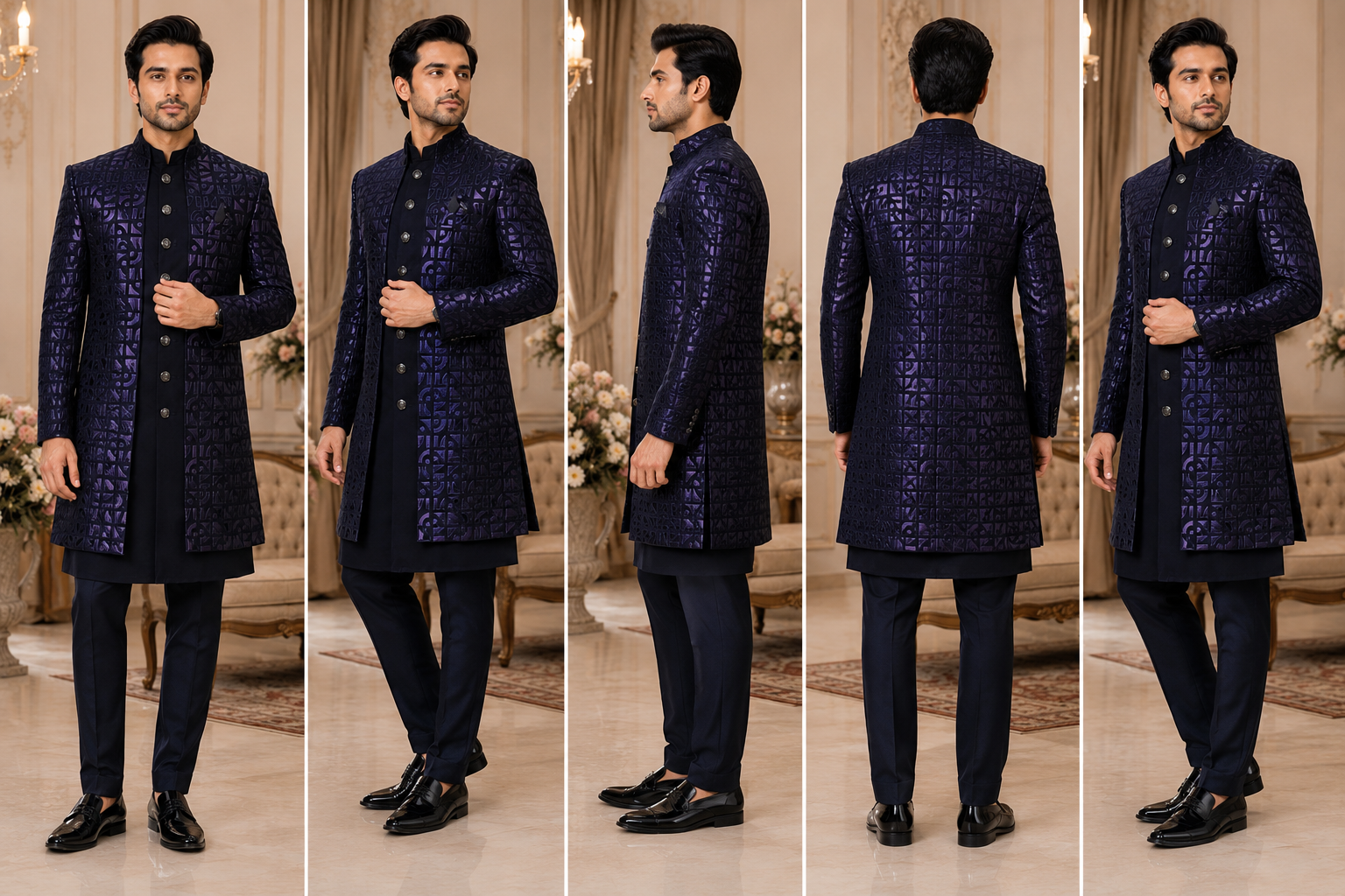 Ajmera Men's Navy Blue Jacquard Indo-Western Sherwani Set - Image 2