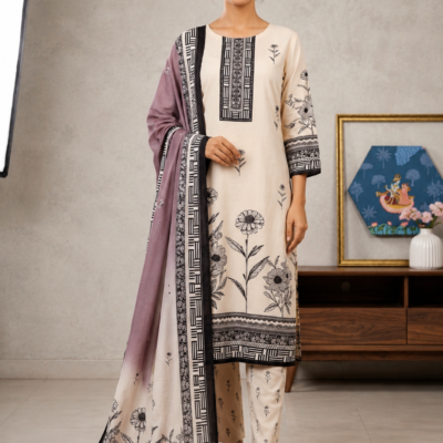 Premium Cream Floral Printed Kurta Pant Set with Designer Dupatta