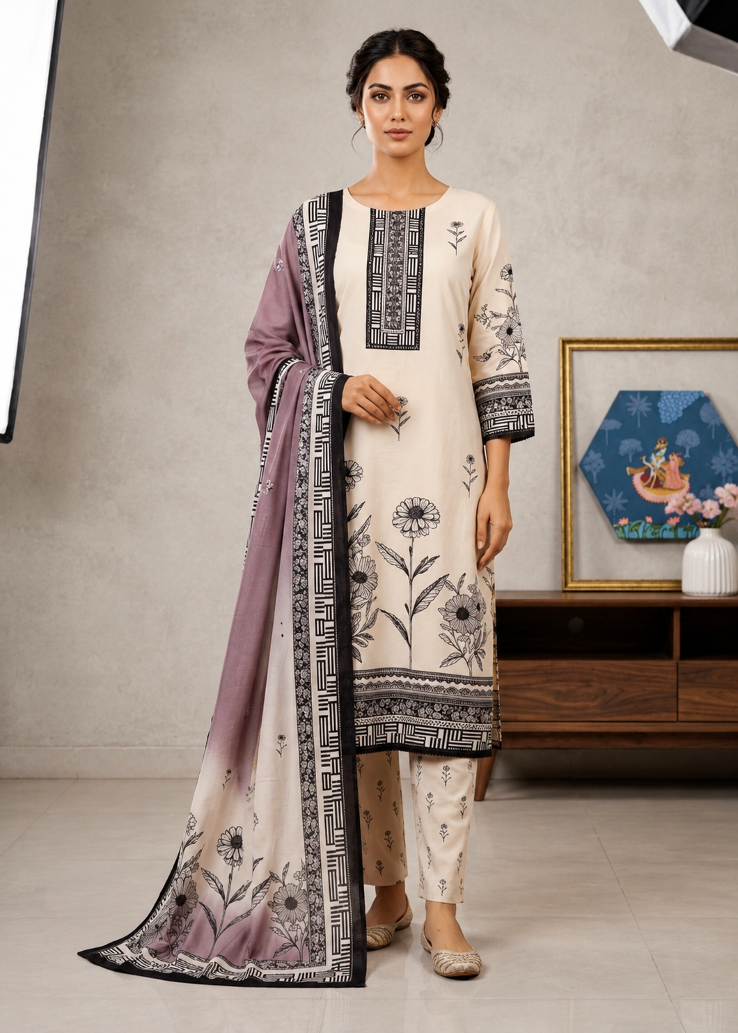 Cream Floral Printed Kurta Pant Set