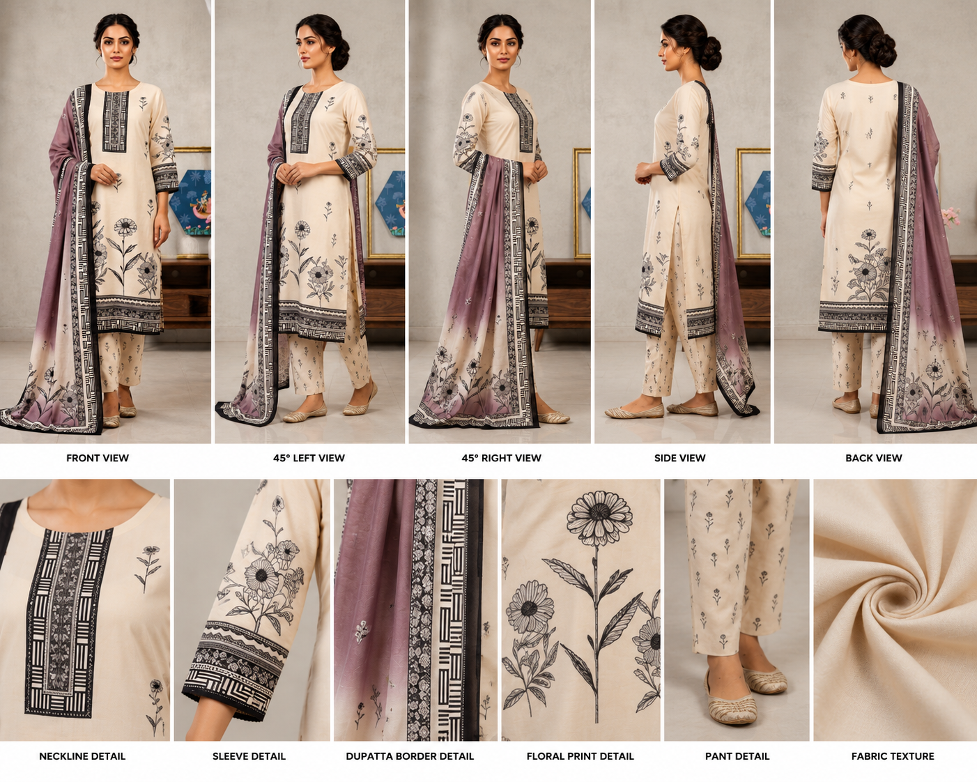 Premium Cream Floral Printed Kurta Pant Set with Designer Dupatta - Image 2