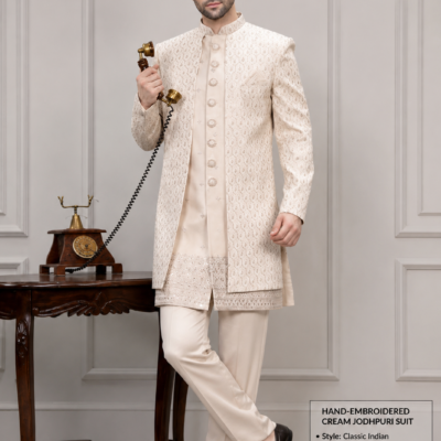 Ajmera Men's Hand Embroidered Cream Jodhpuri Suit Set