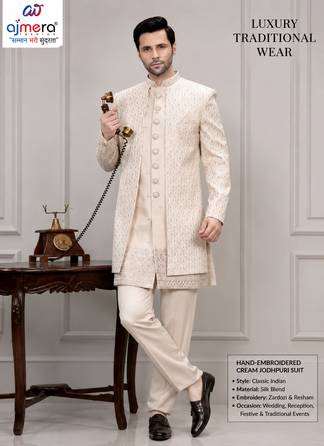 Ajmera Men’s Hand Embroidered Cream Jodhpuri Suit Set, Cream Jodhpuri Suit for Men