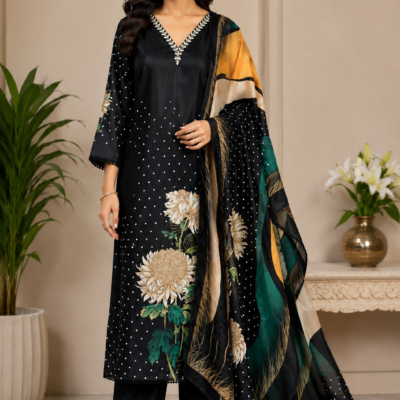 Premium Black Floral Printed Kurta Pant Set with Designer Dupatta