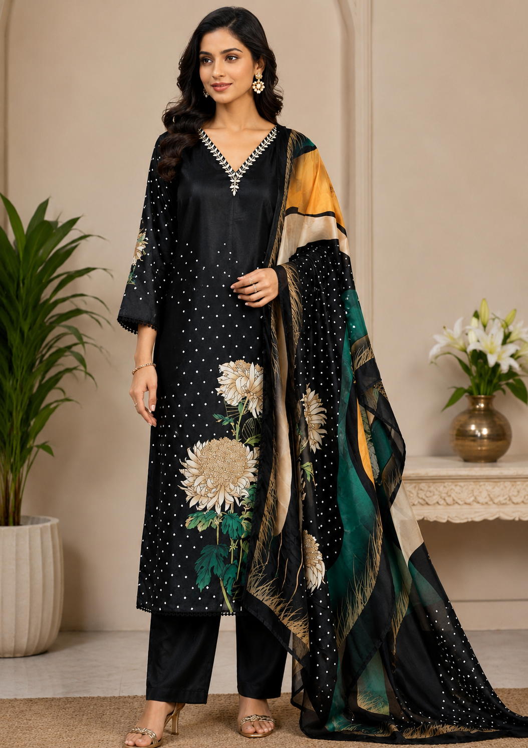 Premium Black Floral Printed Kurta Pant Set with Designer Dupatta
