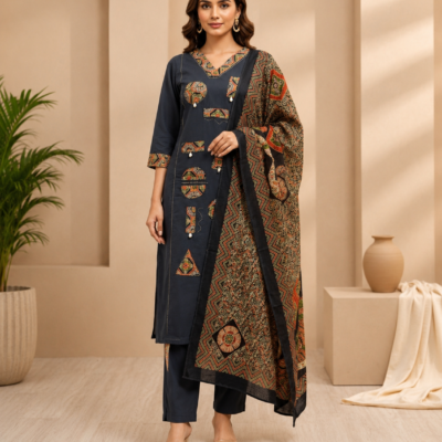 Premium Navy Blue Ethnic Printed Kurta Pant Set with Designer Dupatta