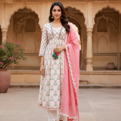 Premium Cream Floral Printed Anarkali Kurta Pant Set with Pink Dupatta