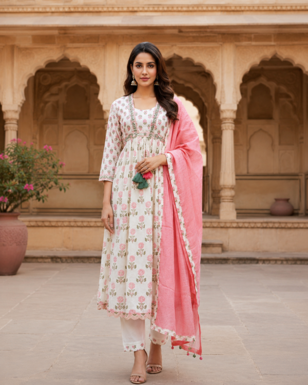 ChatGPT Image Jul 30, 2026, 09_48_32 AM Premium Cream Floral Printed Anarkali Kurta Pant Set with Pink Dupatta