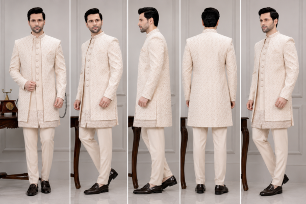 Ajmera Men's Hand Embroidered Cream Jodhpuri Suit Set