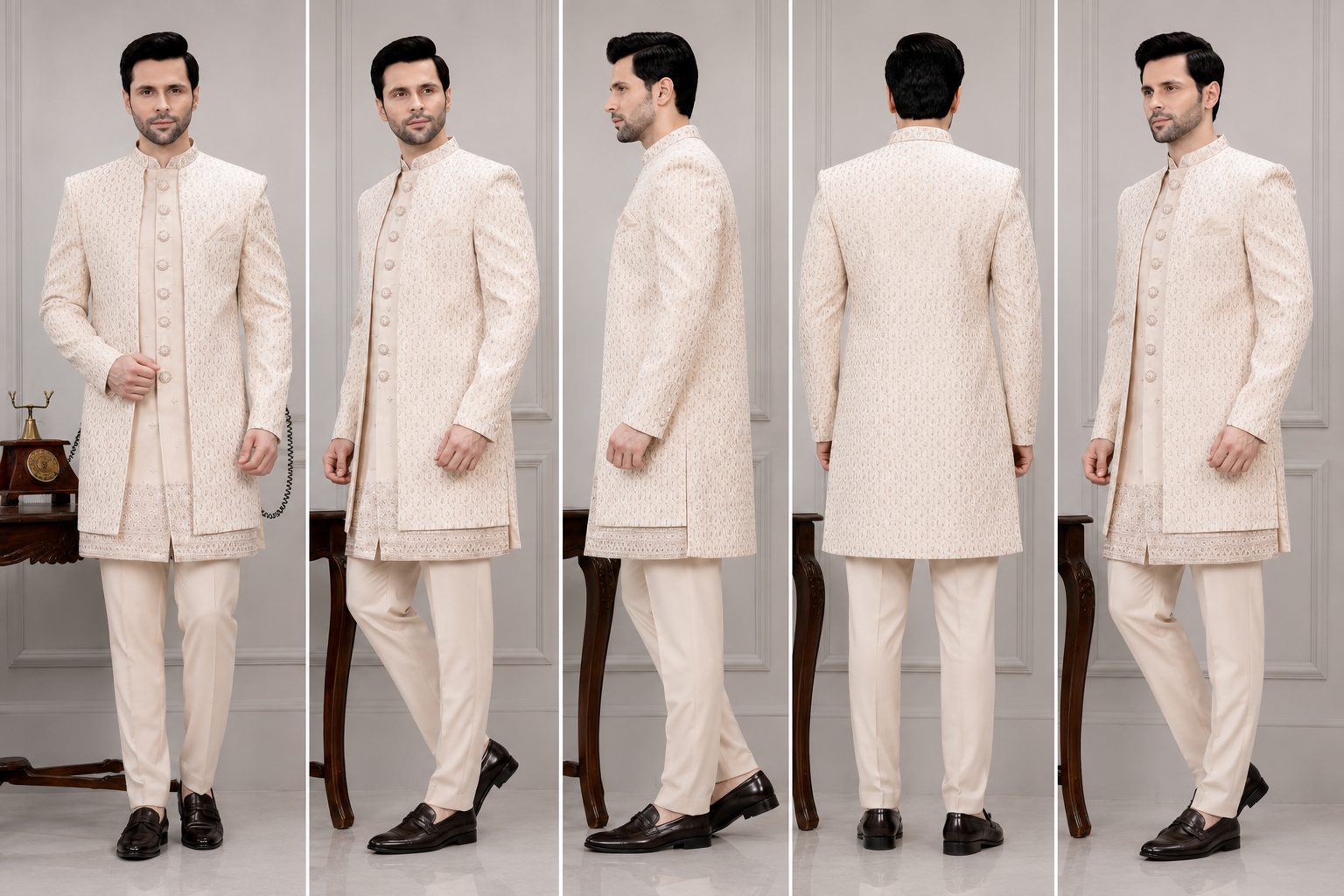 Ajmera Men's Hand Embroidered Cream Jodhpuri Suit Set - Image 2