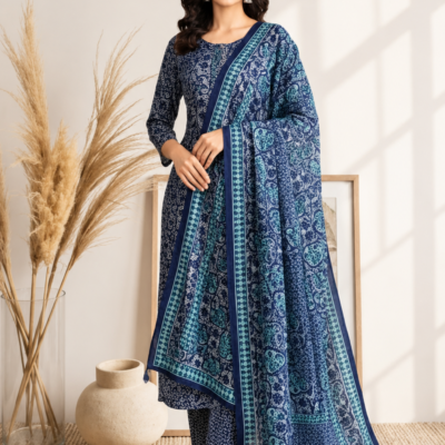 Premium Navy Blue Printed Kurta Pant Set with Designer Dupatta