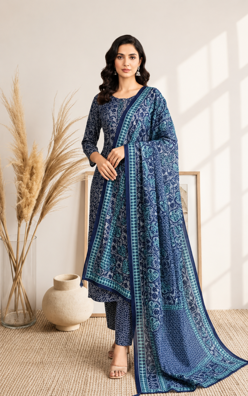 Navy Blue Printed Kurta Pant Set