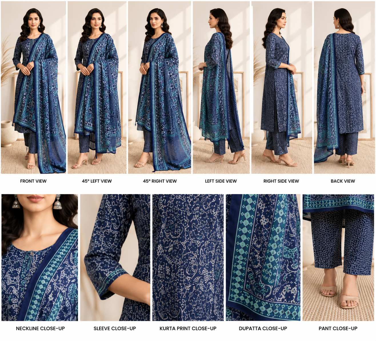 Premium Navy Blue Printed Kurta Pant Set with Designer Dupatta - Image 2