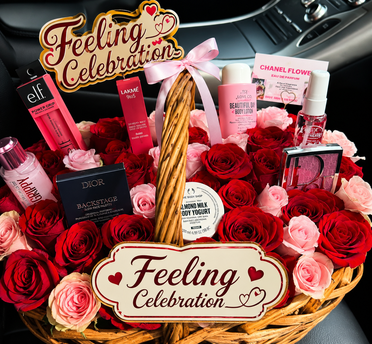 Feeling Celebration Luxury Rose & Beauty Gift Basket, Luxury Rose Beauty Gift Basket