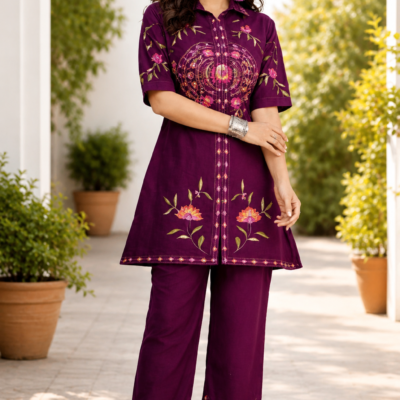 Premium Plum Embroidered Co-Ord Set for Women