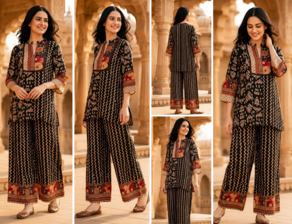Women's Black Printed Kurta Palazzo Set