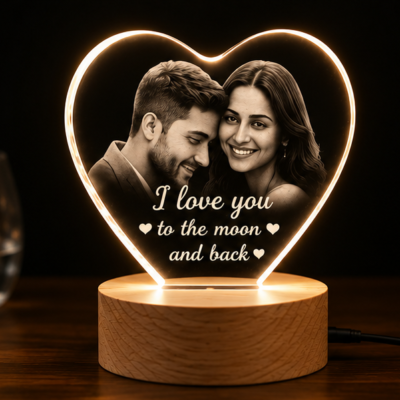 Personalized Heart LED Acrylic Lamp with Wooden Base