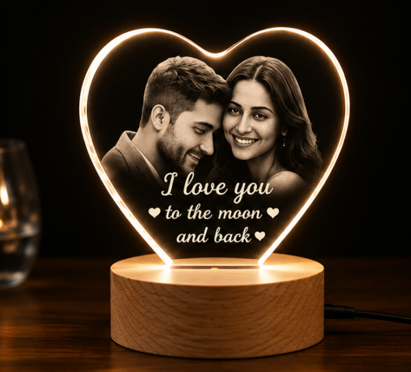 FRONT Personalized Heart LED Acrylic Lamp with Wooden Base