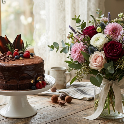 Chocolate Cake & Flower Bouquet Combo