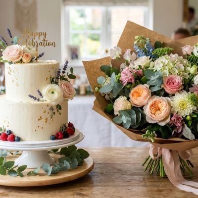 Elegant Floral Celebration Cake & Bouquet Combo
