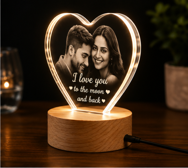 LEFT Personalized Heart LED Acrylic Lamp with Wooden Base