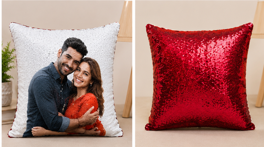 Personalized Magic Sequin Photo Cushion – Red - Image 2