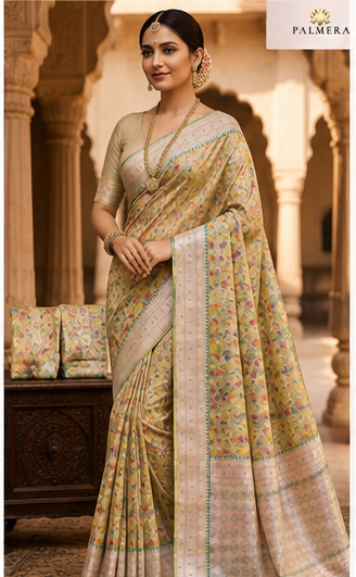 beige Palmera Premium Soft Silk Saree with Floral Woven Design