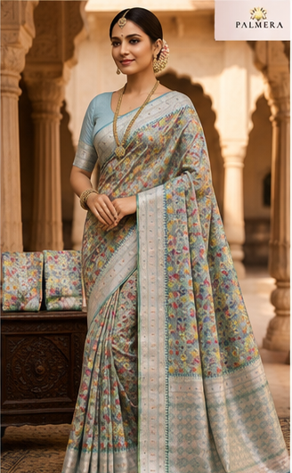 blue Palmera Premium Soft Silk Saree with Floral Woven Design