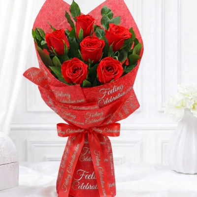 Premium 6 Red Roses Bouquet – Fresh Flower Bouquet for Birthday, Anniversary & Valentine's Day