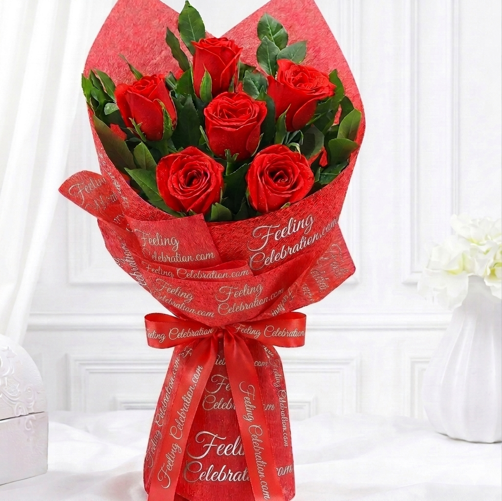 Premium 6 Red Roses Bouquet – Fresh Flower Bouquet for Birthday, Anniversary & Valentine's Day