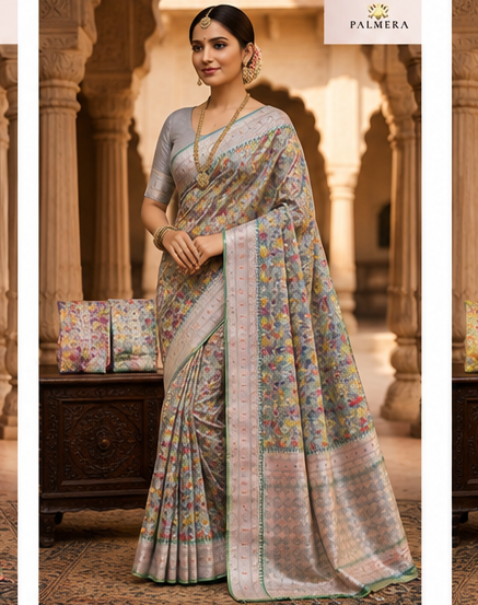 grey Palmera Premium Soft Silk Saree with Floral Woven Design