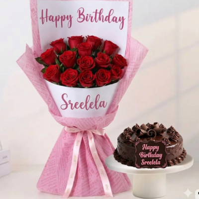 Personalised Birthday Red Roses & Chocolate Cake