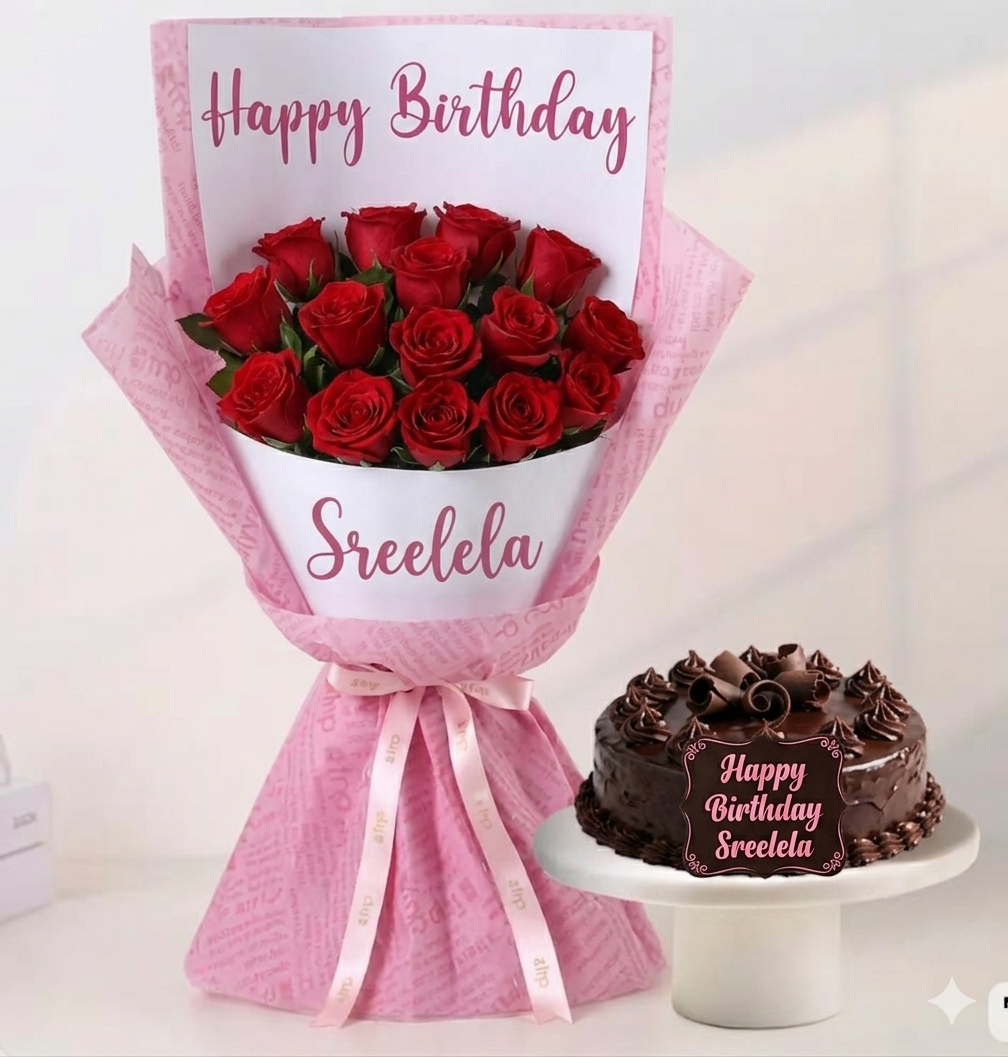 Personalised Birthday Red Roses & Chocolate Cake