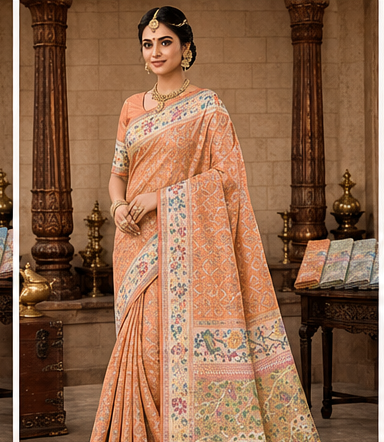 peach Palmera Premium Peach Soft Silk Saree with Floral Woven Design