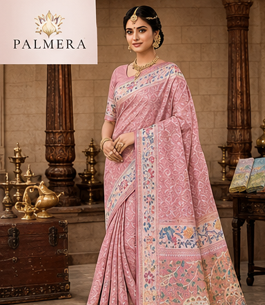 pink Palmera Premium Peach Soft Silk Saree with Floral Woven Design