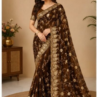 Brown Gold Embroidered Designer Saree