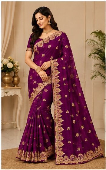 Magenta Gold Embroidered Designer Saree - Image 9