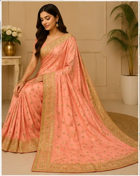 Peach Gold Embroidered Designer Saree - Image 6
