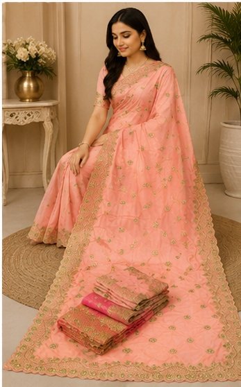 Peach Floral Embroidered Designer Saree - Image 10