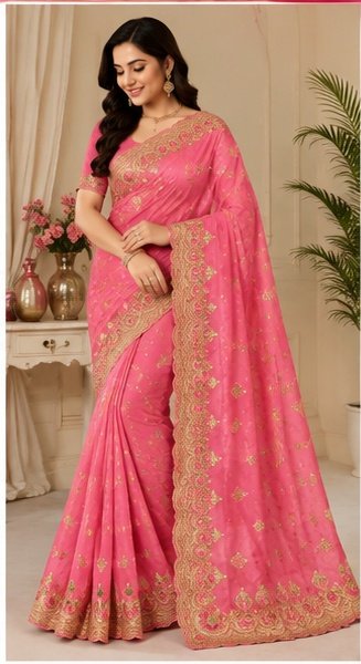 Pink Floral Embroidered Designer Saree - Image 2